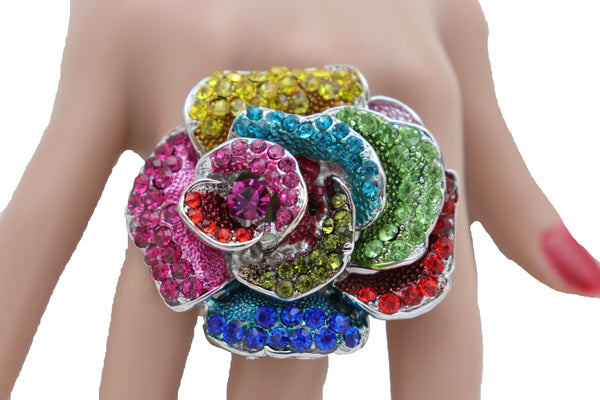 Women Ring Silver Metal Finger Fashion Jewelry Elastic Band One Size Flower Rose Multicolor Rhinestones