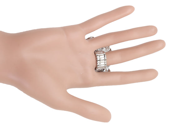 Women Ring Silver Metal Finger Fashion Jewelry Elastic Band One Size Flower Rose Multicolor Rhinestones