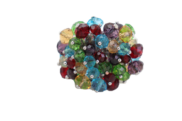 Brand New Women Ring Fashion Silver Metal Elastic Band Multicolor Beads Pompom Dangle