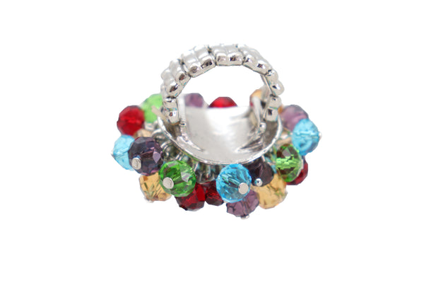 Brand New Women Ring Fashion Silver Metal Elastic Band Multicolor Beads Pompom Dangle