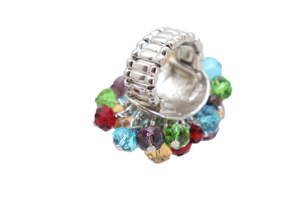 Brand New Women Ring Fashion Silver Metal Elastic Band Multicolor Beads Pompom Dangle