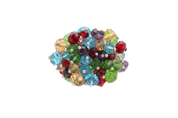 Brand New Women Ring Fashion Silver Metal Elastic Band Multicolor Beads Pompom Dangle