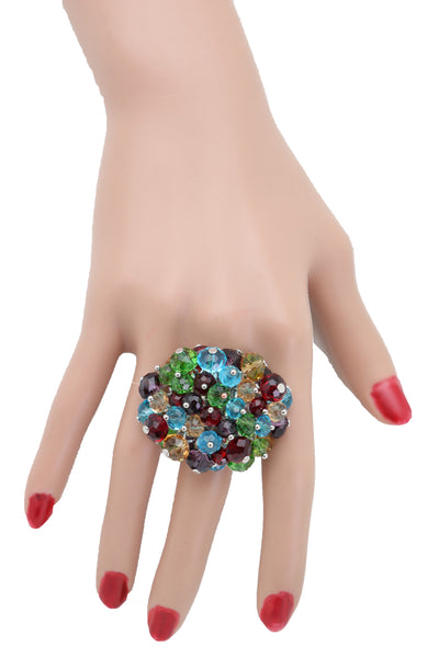 Brand New Women Ring Fashion Silver Metal Elastic Band Multicolor Beads Pompom Dangle