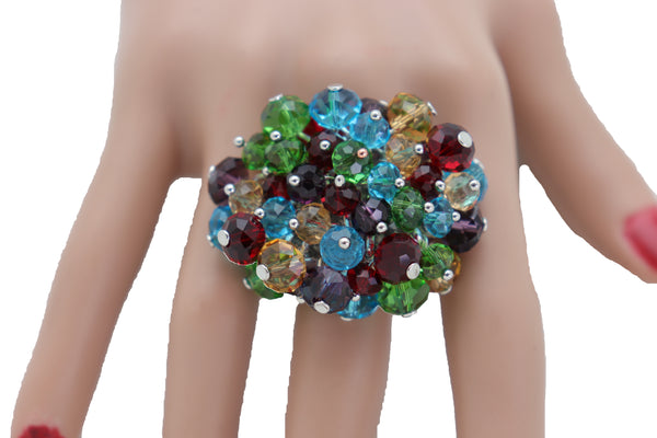 Brand New Women Ring Fashion Silver Metal Elastic Band Multicolor Beads Pompom Dangle