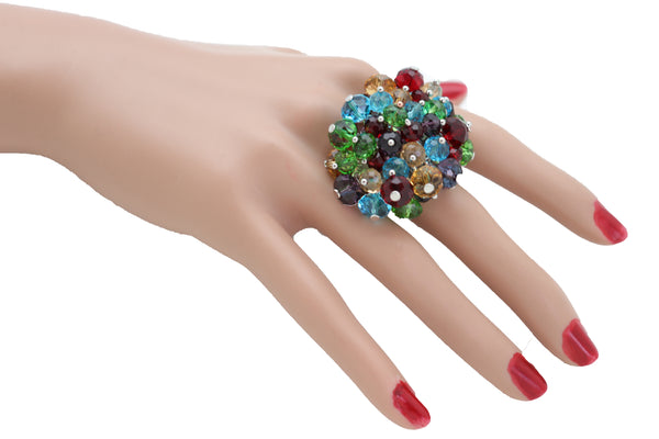 Brand New Women Ring Fashion Silver Metal Elastic Band Multicolor Beads Pompom Dangle