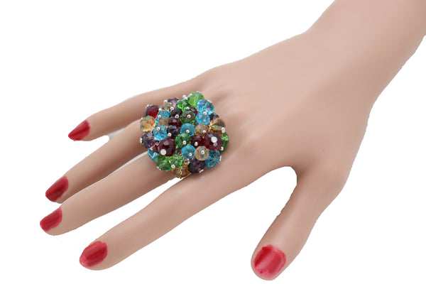 Brand New Women Ring Fashion Silver Metal Elastic Band Multicolor Beads Pompom Dangle
