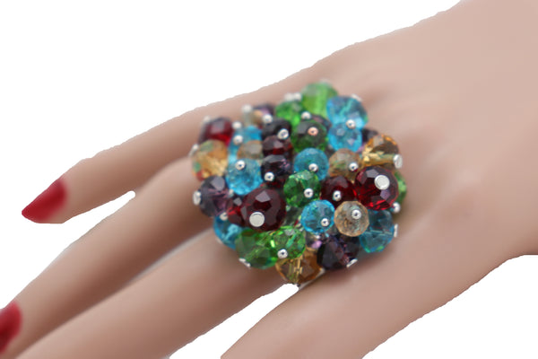 Brand New Women Ring Fashion Silver Metal Elastic Band Multicolor Beads Pompom Dangle