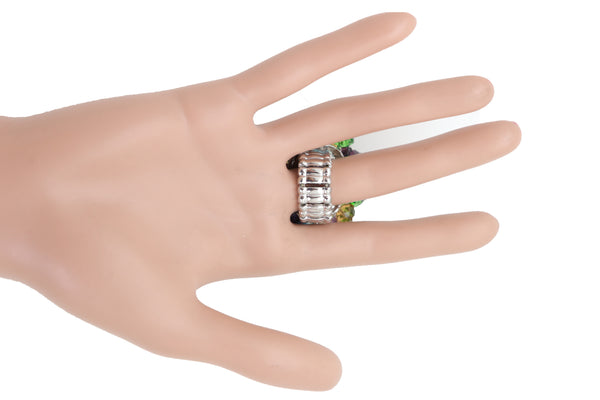 Brand New Women Ring Fashion Silver Metal Elastic Band Multicolor Beads Pompom Dangle