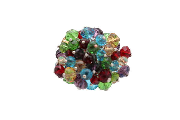 Brand New Women Ring Fashion Silver Metal Elastic Band Multicolor Beads Pompom Dangle