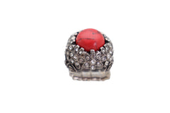 Silver Metal Red Bead Floral Filigree with Rhinestones Ring