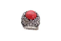 Silver Metal Red Bead Floral Filigree with Rhinestones Ring