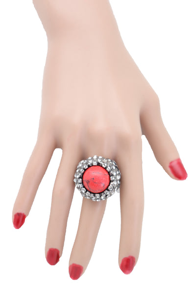 Brand New Women Silver Metal Western Fashion Ring Jewelry Red Bead Floral Filigree Style