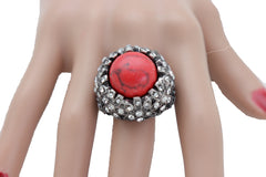 Silver Metal Red Bead Floral Filigree with Rhinestones Ring