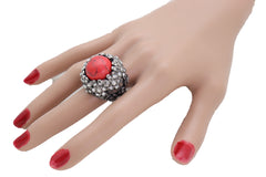 Women Silver Metal Western Fashion Ring Jewelry Red Bead Floral Filigree Style One Size Fits All