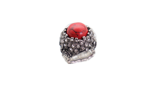 Brand New Women Silver Metal Western Fashion Ring Jewelry Red Bead Floral Filigree Style
