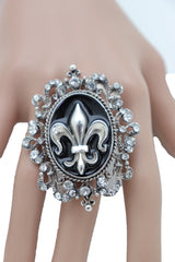 Women Silver Metal Ring Bling Elastic Band Fleur De Lys Lily