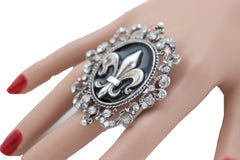 Women Silver Metal Ring Bling Elastic Band Fleur De Lys Lily