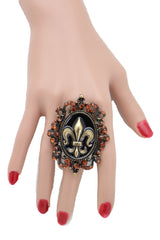 Women Gold Metal Big Fashion Ring Filigree Fleur De Lys French Style Flower Lily One Size Fits All