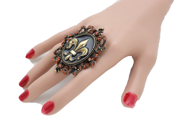 Brand New Women Gold Metal Big Fashion Ring Filigree Fleur De Lys French Style Flower Lily