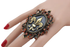 Women Gold Metal Big Fashion Ring Filigree Fleur De Lys French Style Flower Lily One Size Fits All