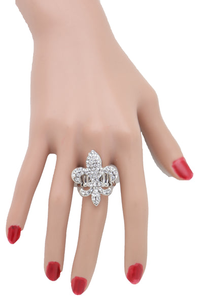 Women Silver Metal Ring Weekend Bling Fashion Jewelry  Fleur De Lis Lily Flower One Size Fits All