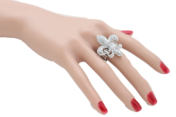Women Silver Metal Ring Weekend Bling Fashion Jewelry  Fleur De Lis Lily Flower One Size Fits All