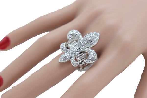 Women Silver Metal Ring Weekend Bling Fashion Jewelry  Fleur De Lis Lily Flower One Size Fits All