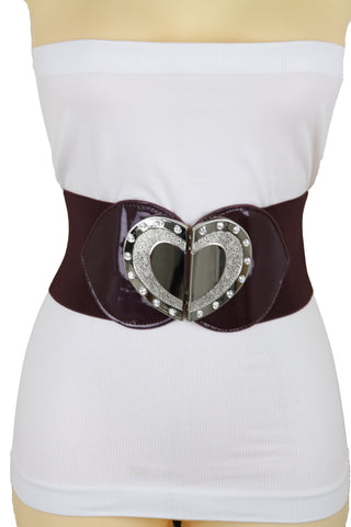 Brand New Women Wide Brown Elastic Fashion Belt Silver Heart Buckle Fit Size S M
