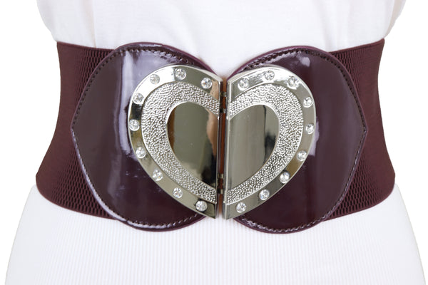 Brand New Women Wide Brown Elastic Fashion Belt Silver Heart Buckle Fit Size S M