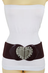 Wide Brown Elastic Fashion Belt Silver Heart Buckle Fit Size S M