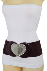 Wide Brown Elastic Fashion Belt Silver Heart Buckle Fit Size S M
