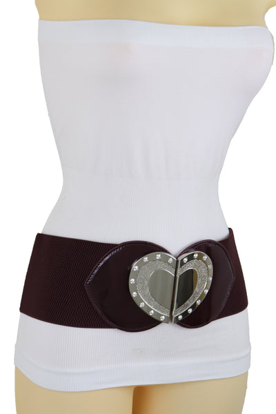 Brand New Women Wide Brown Elastic Fashion Belt Silver Heart Buckle Fit Size S M