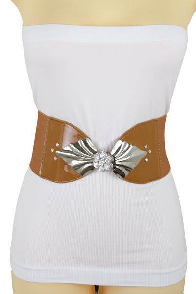 Brand New Women High Waist Hip Wide Elastic Brown Belt Silver Metal Leaf Buckle Size S M
