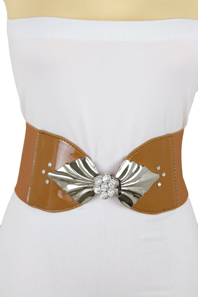 Brand New Women High Waist Hip Wide Elastic Brown Belt Silver Metal Leaf Buckle Size S M