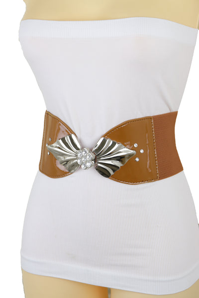 Brand New Women High Waist Hip Wide Elastic Brown Belt Silver Metal Leaf Buckle Size S M