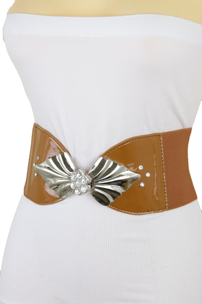 Brand New Women High Waist Hip Wide Elastic Brown Belt Silver Metal Leaf Buckle Size S M