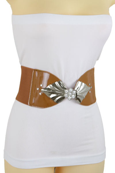 Brand New Women High Waist Hip Wide Elastic Brown Belt Silver Metal Leaf Buckle Size S M