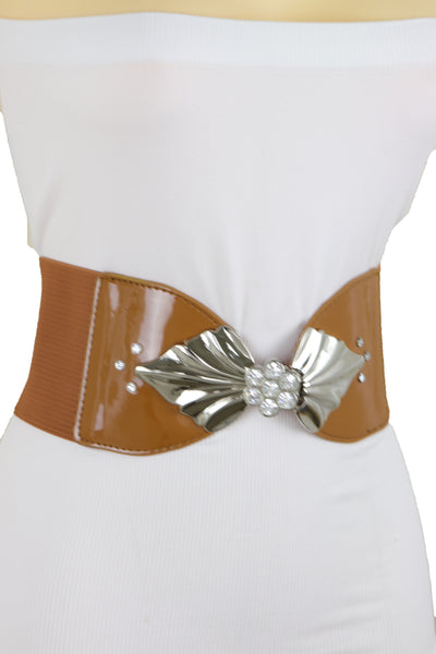 Brand New Women High Waist Hip Wide Elastic Brown Belt Silver Metal Leaf Buckle Size S M