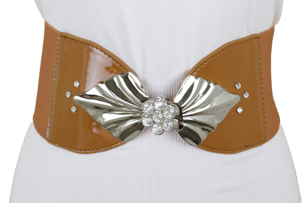 Brand New Women High Waist Hip Wide Elastic Brown Belt Silver Metal Leaf Buckle Size S M