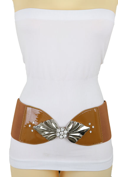 Brand New Women High Waist Hip Wide Elastic Brown Belt Silver Metal Leaf Buckle Size S M