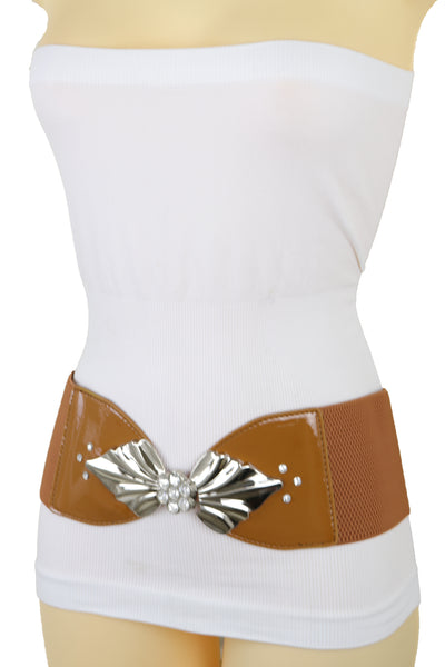 Brand New Women High Waist Hip Wide Elastic Brown Belt Silver Metal Leaf Buckle Size S M
