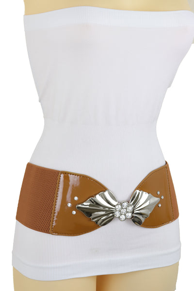 Brand New Women High Waist Hip Wide Elastic Brown Belt Silver Metal Leaf Buckle Size S M