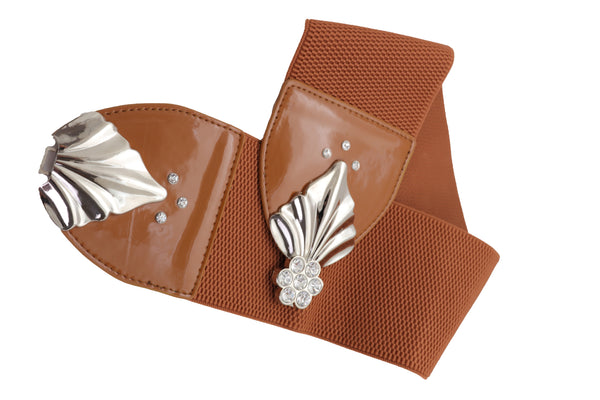 Brand New Women High Waist Hip Wide Elastic Brown Belt Silver Metal Leaf Buckle Size S M