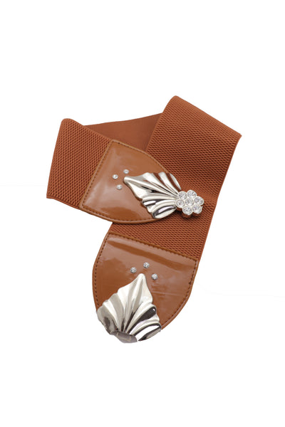 Brand New Women High Waist Hip Wide Elastic Brown Belt Silver Metal Leaf Buckle Size S M