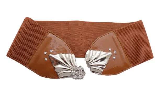 Brand New Women High Waist Hip Wide Elastic Brown Belt Silver Metal Leaf Buckle Size S M