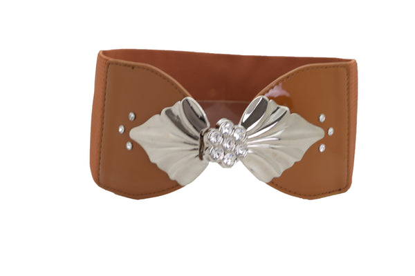 Brand New Women High Waist Hip Wide Elastic Brown Belt Silver Metal Leaf Buckle Size S M