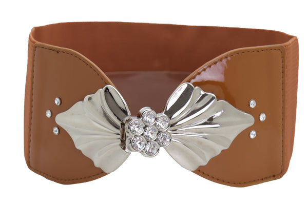 Brand New Women High Waist Hip Wide Elastic Brown Belt Silver Metal Leaf Buckle Size S M