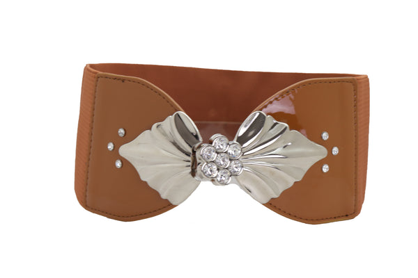 Brand New Women High Waist Hip Wide Elastic Brown Belt Silver Metal Leaf Buckle Size S M