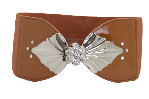Brand New Women High Waist Hip Wide Elastic Brown Belt Silver Metal Leaf Buckle Size S M
