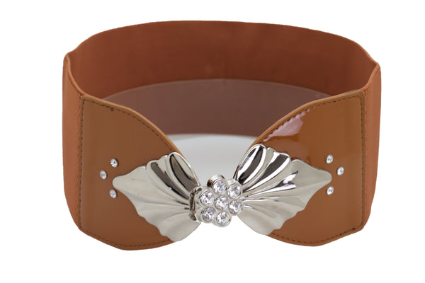 Brand New Women High Waist Hip Wide Elastic Brown Belt Silver Metal Leaf Buckle Size S M